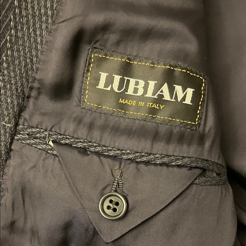 LUBIAM Italy Vintage Double Breasted Blazer Peak Lapel Navy Pinstripe LARGE - Picture 7 of 12